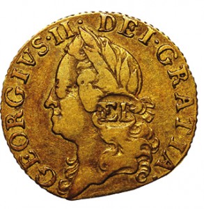 A 1760 half-guinea gold coin.